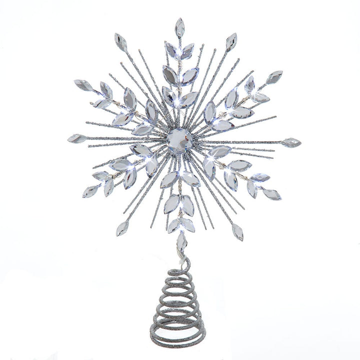 11.75. Inch 18-Light cool White Micro LED Silver Glittered Snowflake Treetopper 