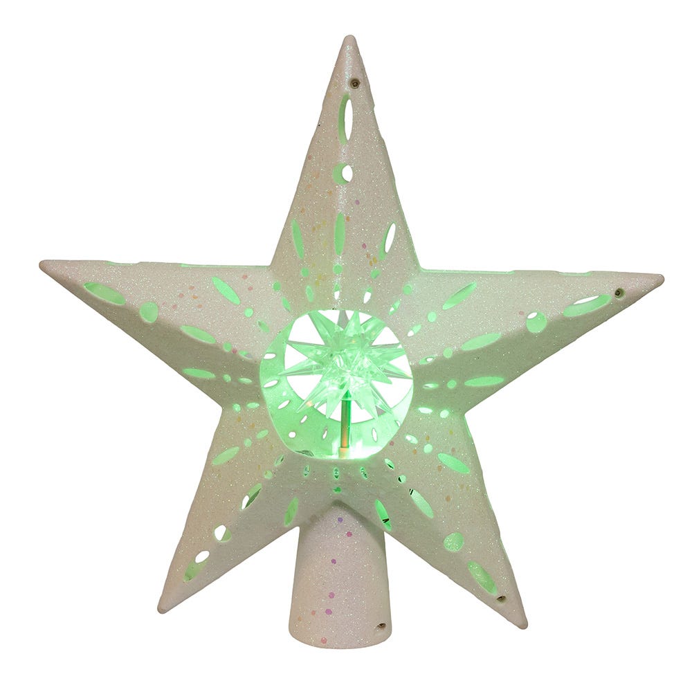 Kurt Adler 12.2-Inch Pre-lit White Glitter Iridescent Star Tree Topper