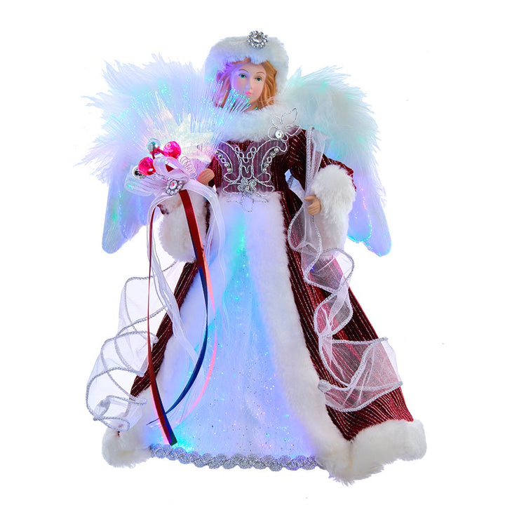 Kurt Adler 12-Inch White, Silver and Burgundy Angel Tree Topper with Fiberoptic LED Lights