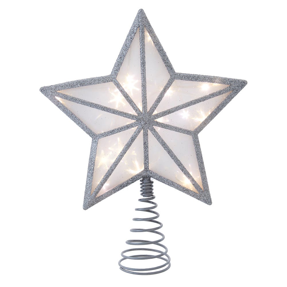 Kurt Adler enchanting 11.5-Inch UL 20-Light Warm White Fairy LED Silver Glitter 5-Point Star Tree Topper AD2851
