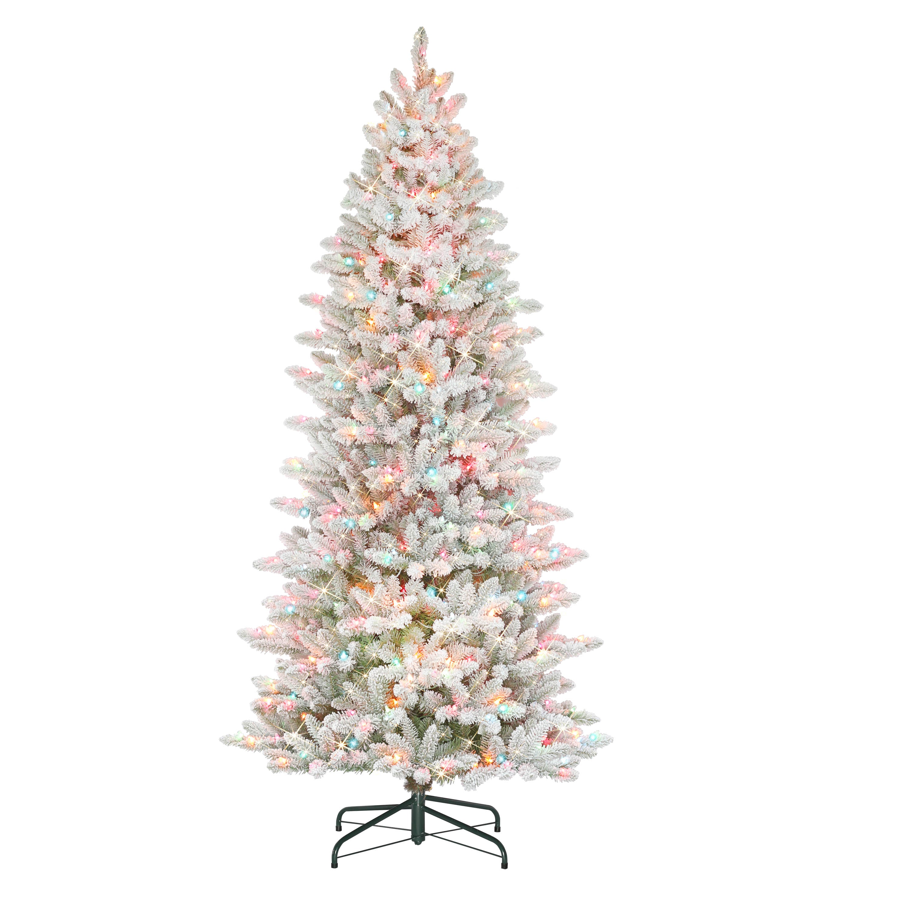 7.5 ft Pre-Lit Slim Flocked Fraser Fir Artificial Christmas Tree with 500 UL Multi-Color Lights Metal Stand Green FFSLFA-75M5