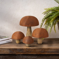 Set of 4 Rustic Metal and Wood Mushroom Figurines