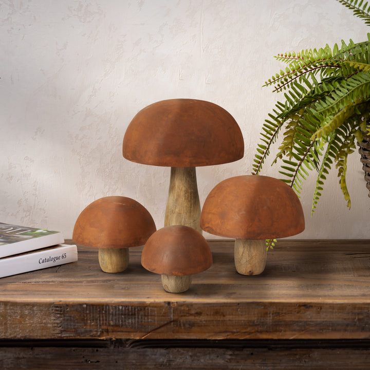 Set of 4 Rustic Metal and Wood Mushroom Figurines