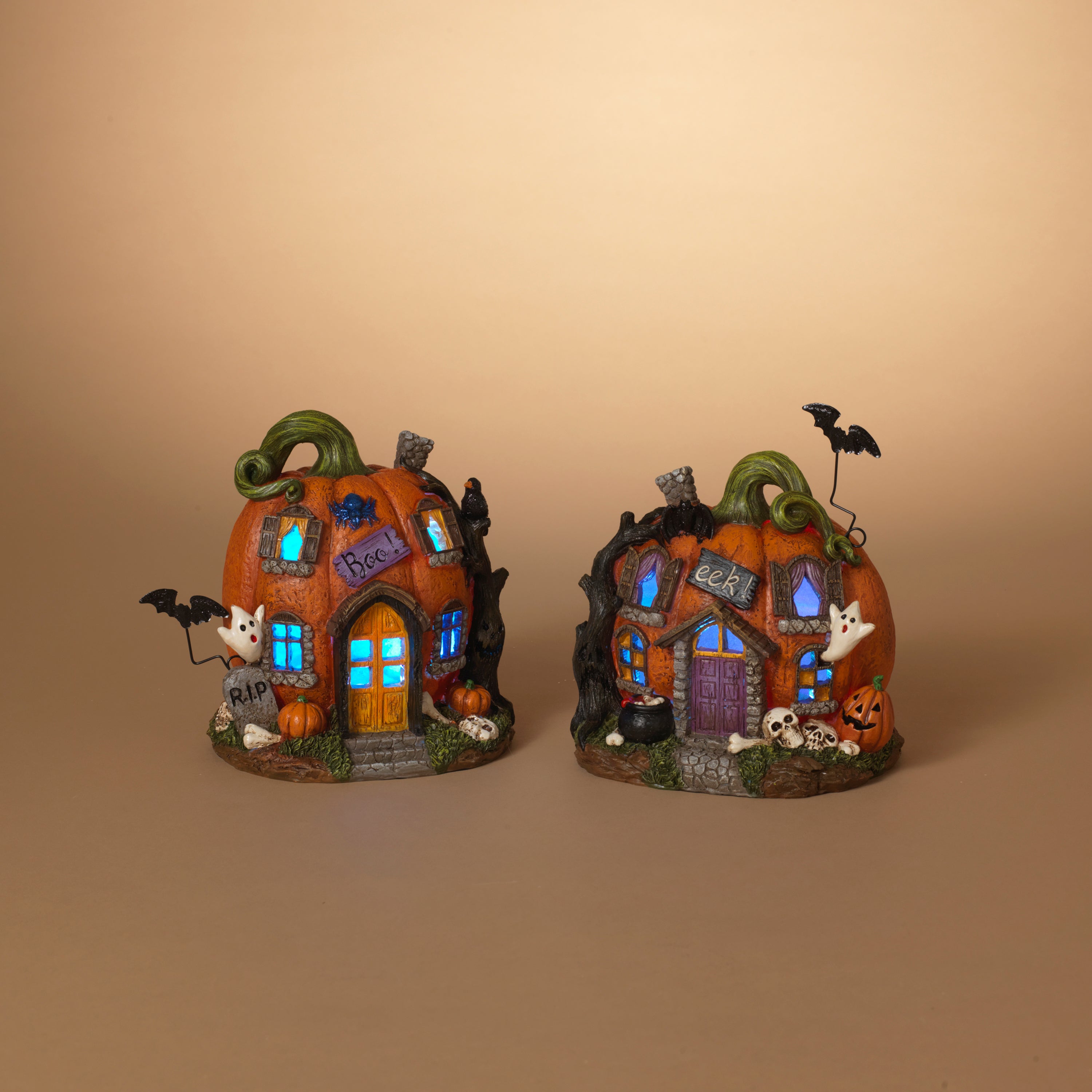 8.4 Inches Long Battery Operated Lighted Resin Halloween Pumpkin Houses with Timer Set of 2 #2650370EC