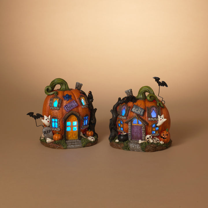 8.4 Inches Long Battery Operated Lighted Resin Halloween Pumpkin Houses with Timer Set of 2 #2650370EC