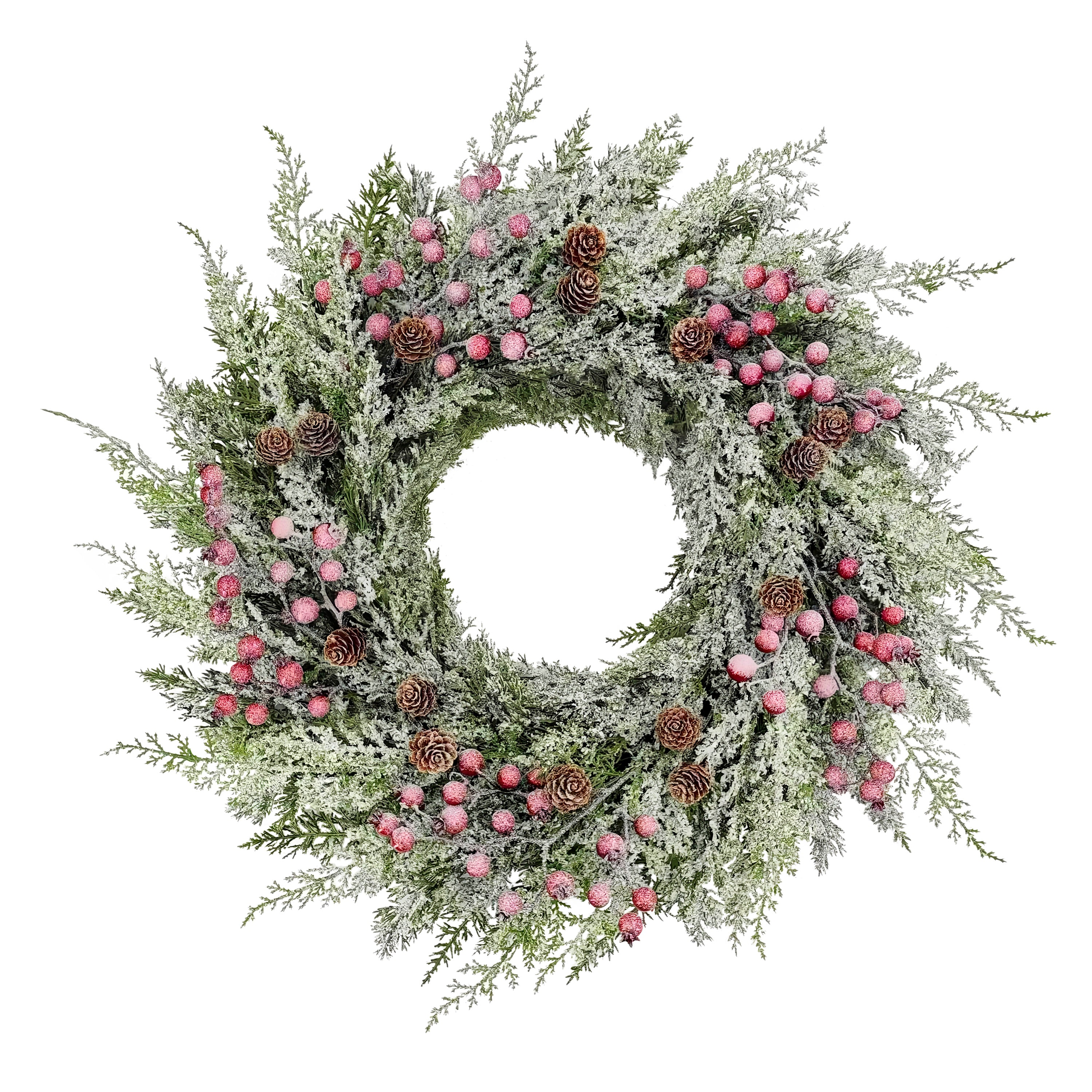24" Pre-Lit Artificial Flocked Wreath Adorned with Pinecones and Red Berries 5929-WF24A