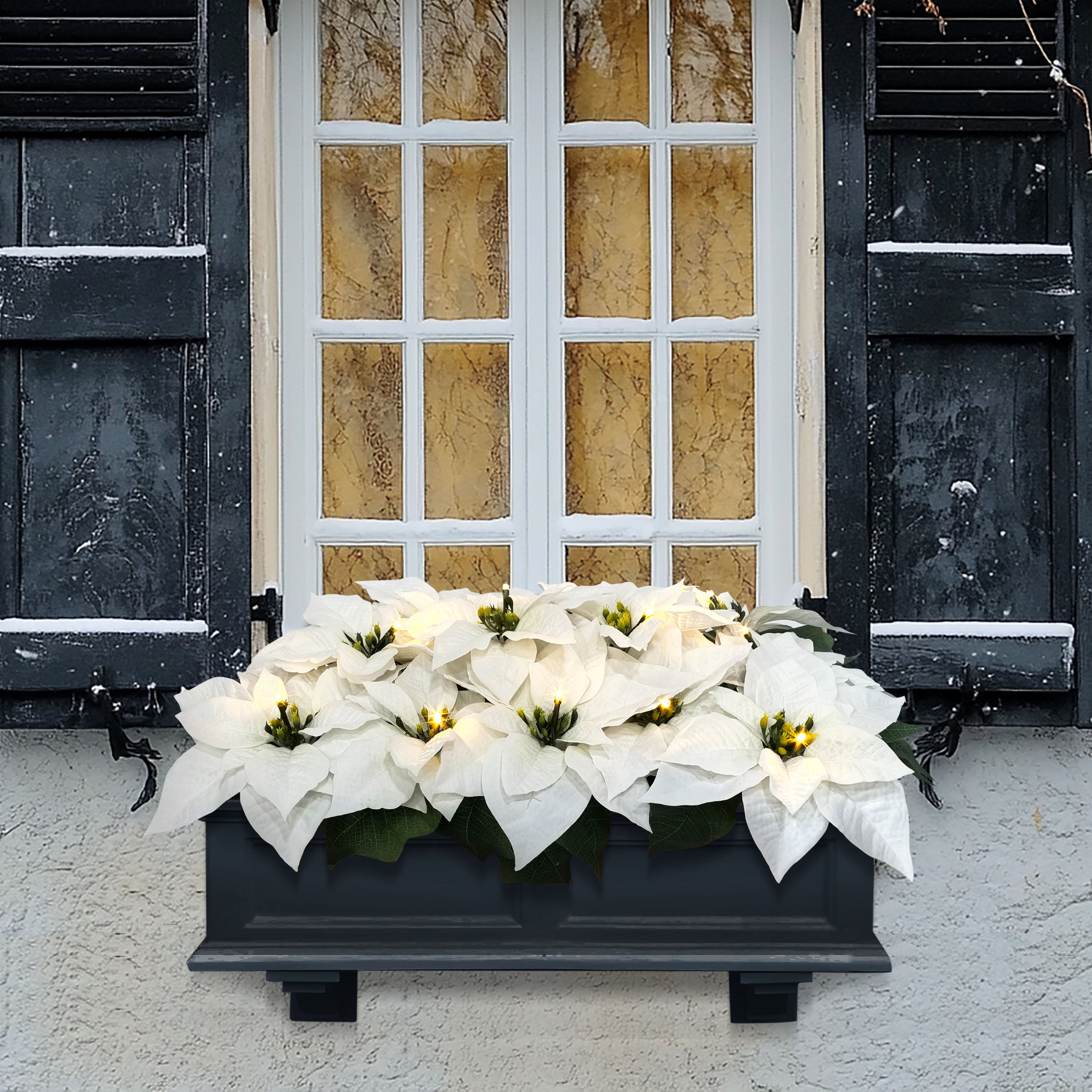 24" Pre-Lit Battery-Operated White Poinsettia Window Box Décor