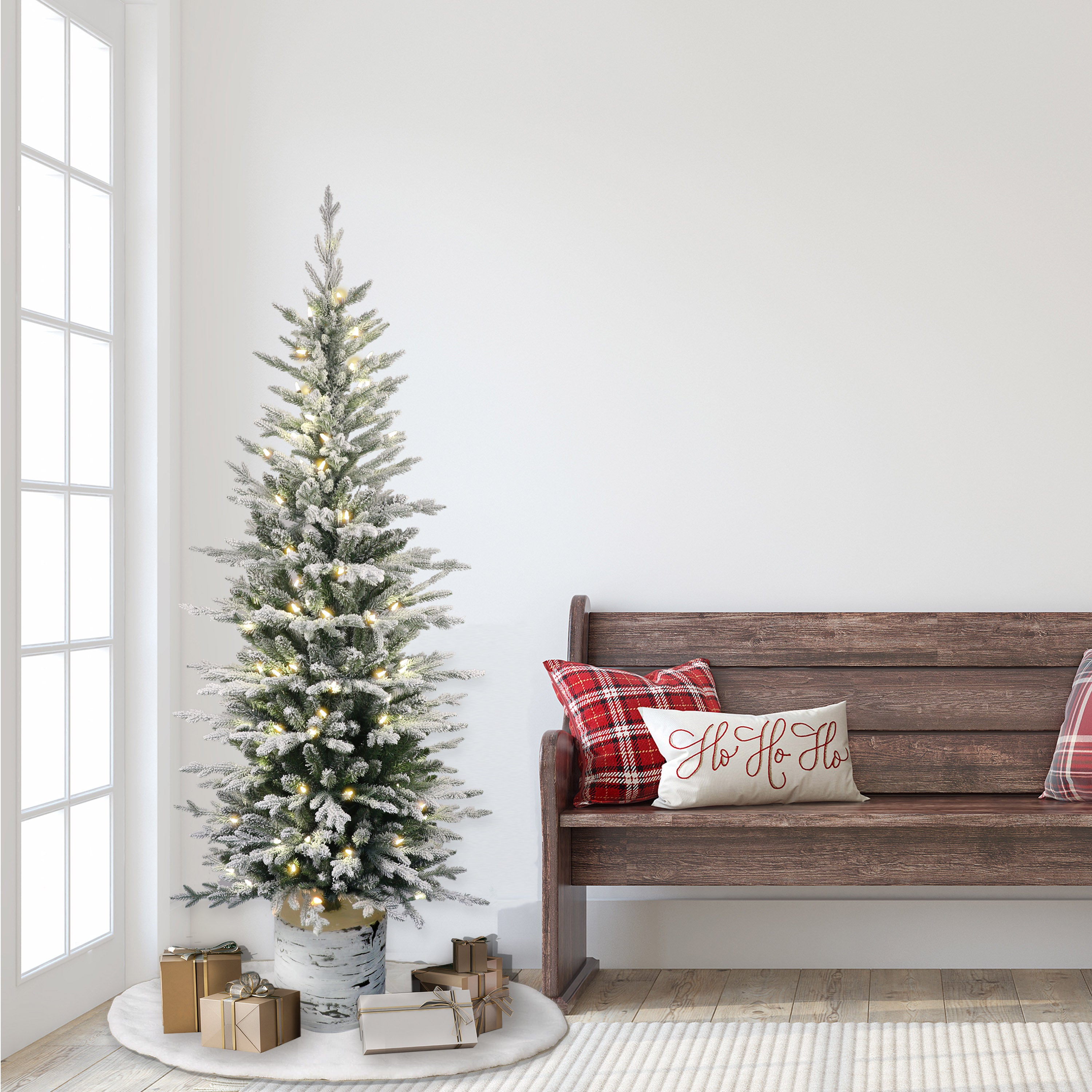 6ft Pre-Lit Potted Flocked Arctic Fir Pencil Christmas Tree