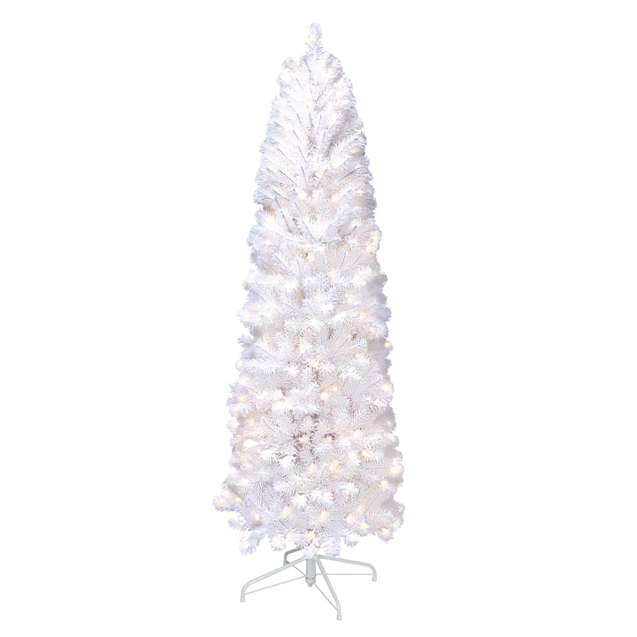 6.5 ft Pre-Lit White Northern Fir Pencil Artificial Christmas Tree with 250 Ul Clear Lights Metal Stand NFWPTA-65C25