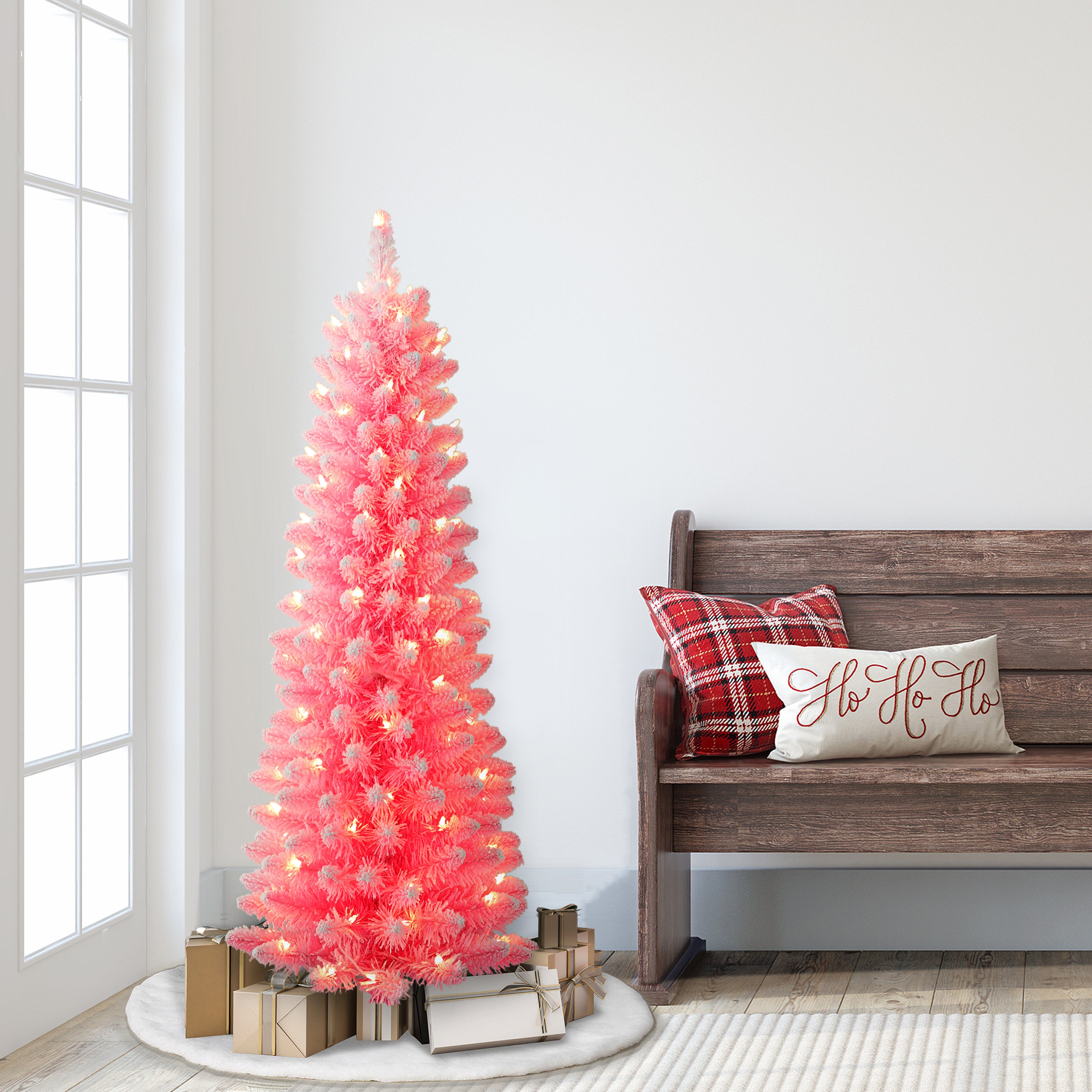 4.5ft Pre-Lit Flocked Fashion Pink Pencil Christmas Tree