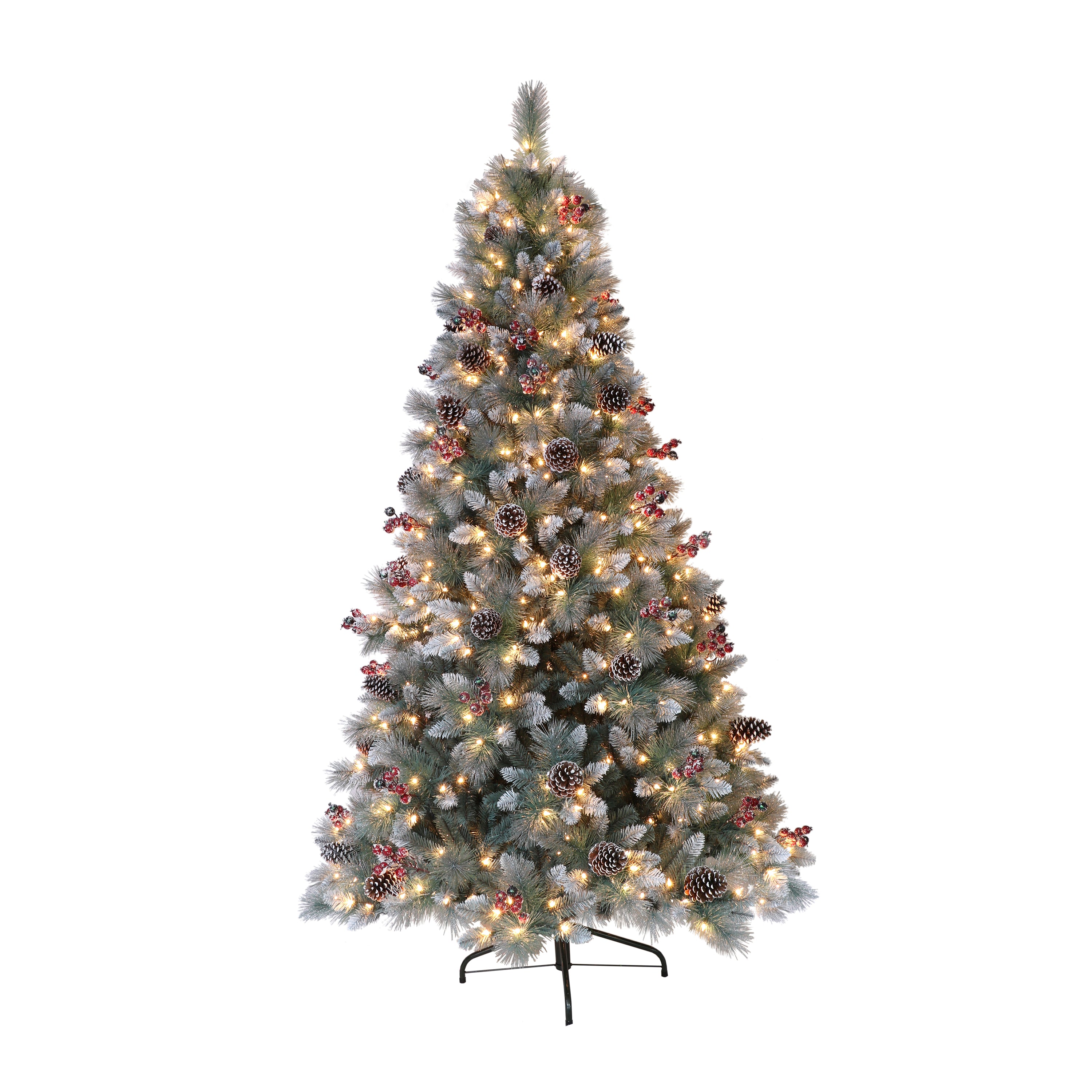 7.5 ft Pre-Lit Sterling Pine Artificial Christmas Tree with 600 UL Clear Lights Pinecones Red Berries and Silver Glitter Accents Metal Stand Blue/Green T9592A-75C6