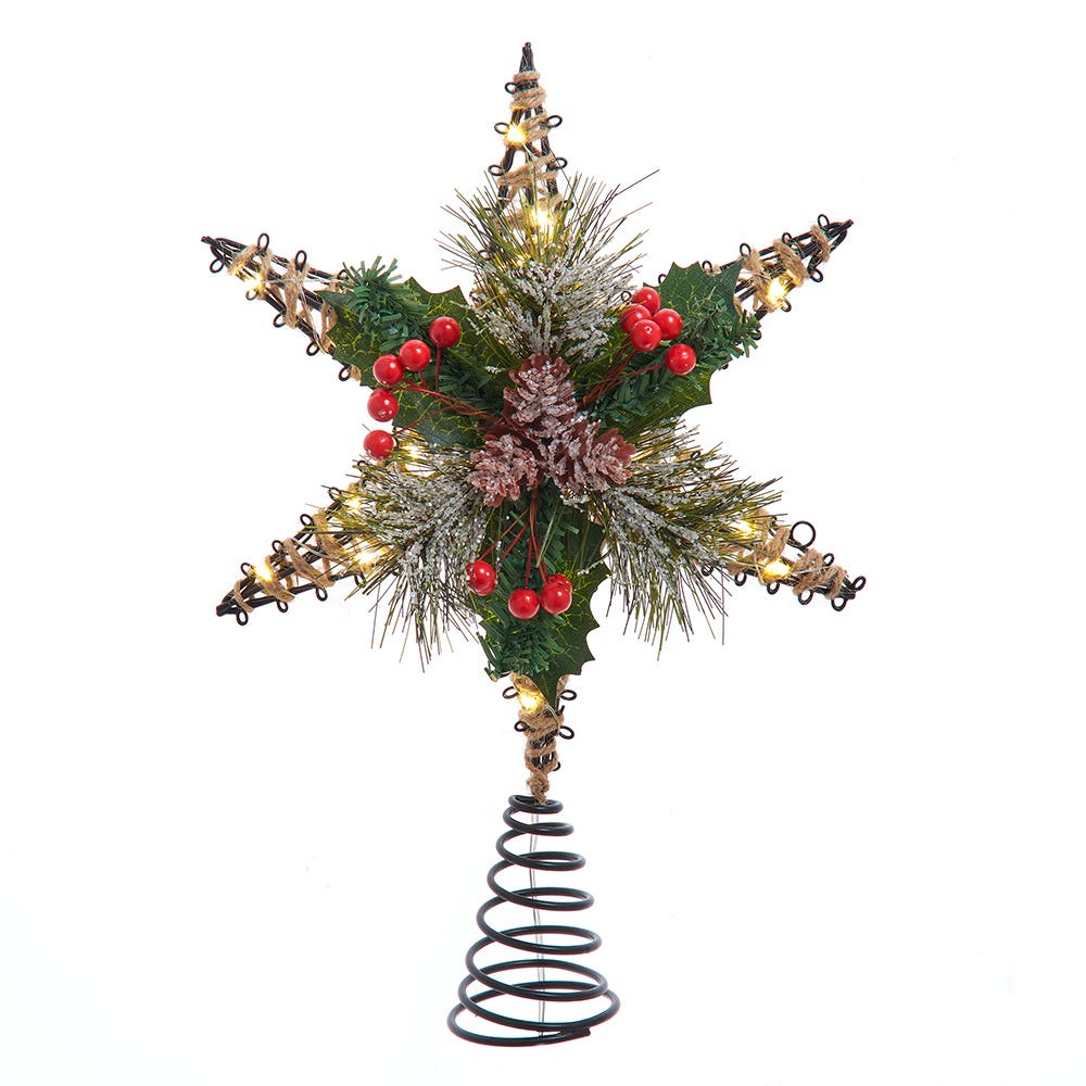 Kurt Adler 13.5-Inch Battery Operated Lighted 6-Point Rattan Star Tree Topper BAT1304