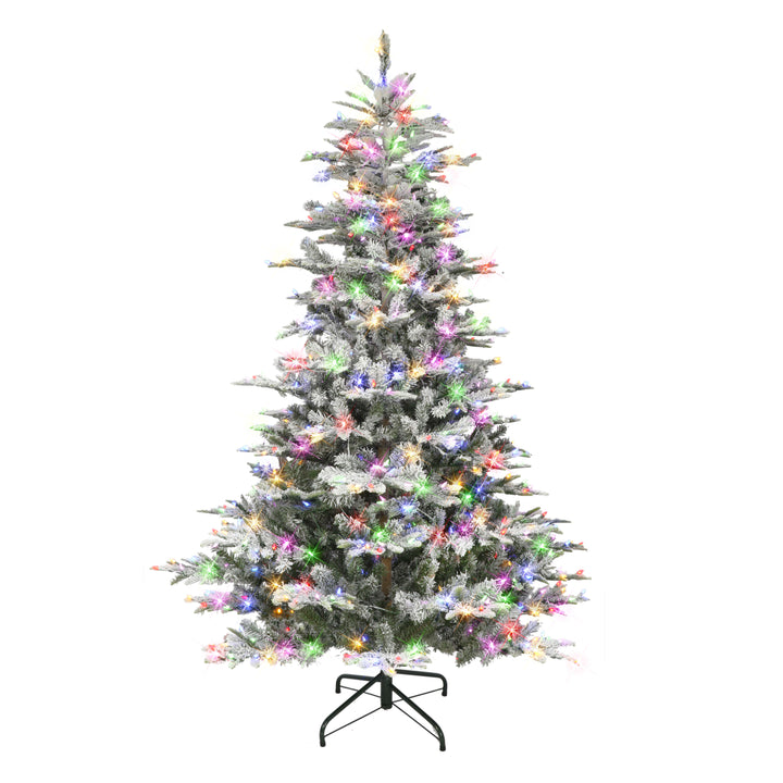 7.5 ft Pre-lit Flocked Aspen Fir Artificial Christmas Tree 1319 Tips 600 Color-Select LED Lights UL adaptor On/Off Foot Pedal Metal stand APGFA-75LD6