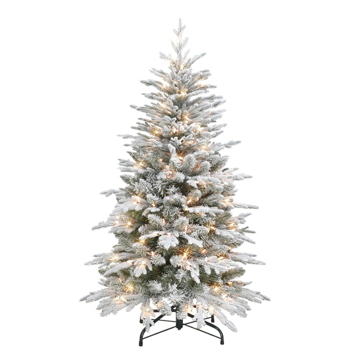 4.5 ft Pre-lit Flocked Slim Northern Fir Tree with 200 UL Clear Lights Metal Stand Green NNFSLA-45C2