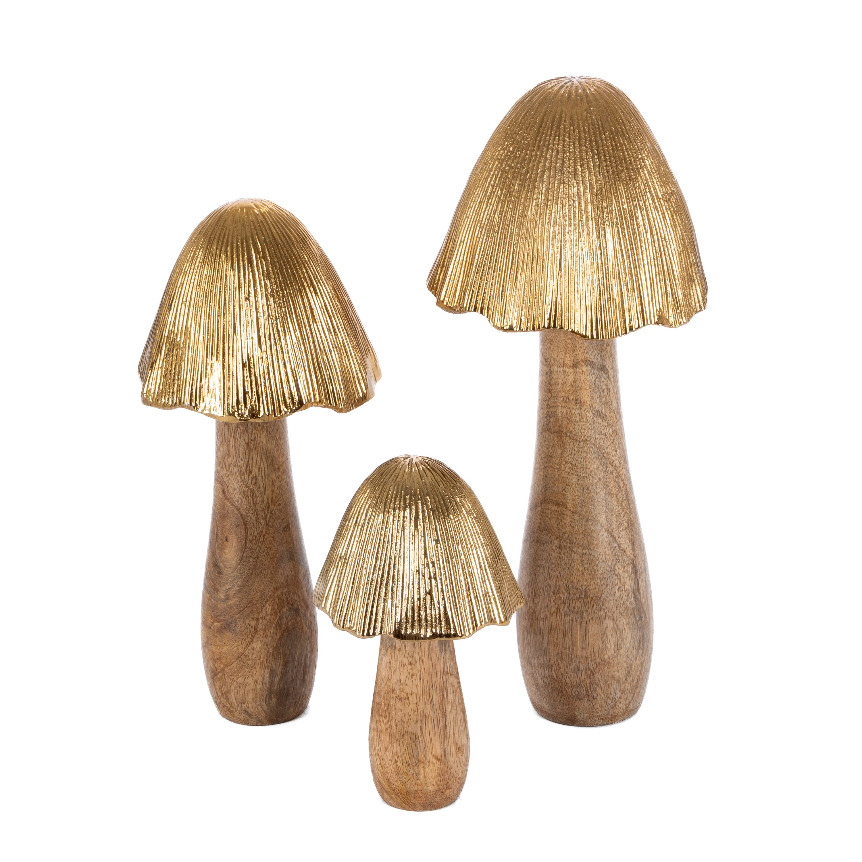 Set of 3 Rustic Aluminum and Mango Wood Mushroom Figurines