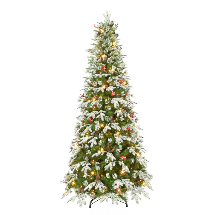 7.5 ft Pre-Lit Slim Fir Tree 1652 Tips Pinecones Red Berries 450 UL Clear Lights Metal Stand 1754SLA-T75C45