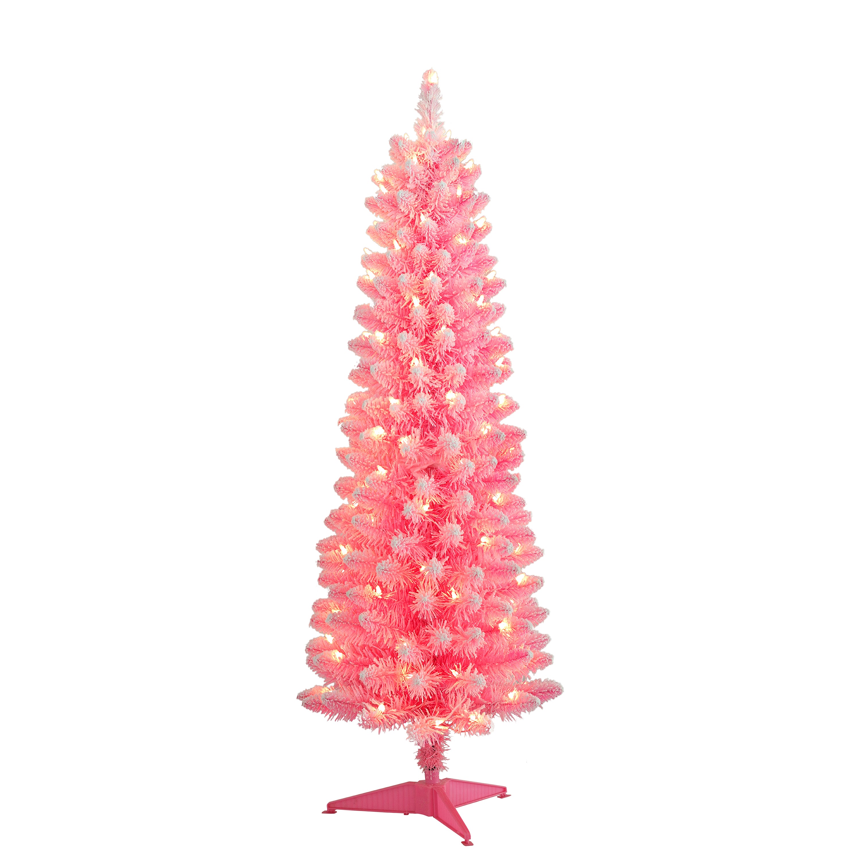 4.5 ft Pre-Lit Flocked Fashion Pink Pencil Artificial Christmas Tree with 100 UL Clear Lights Metal Stand TPF9612A-45C1-PK