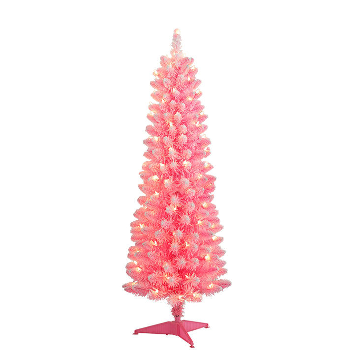 4.5 ft Pre-Lit Flocked Fashion Pink Pencil Artificial Christmas Tree with 100 UL Clear Lights Metal Stand TPF9612A-45C1-PK