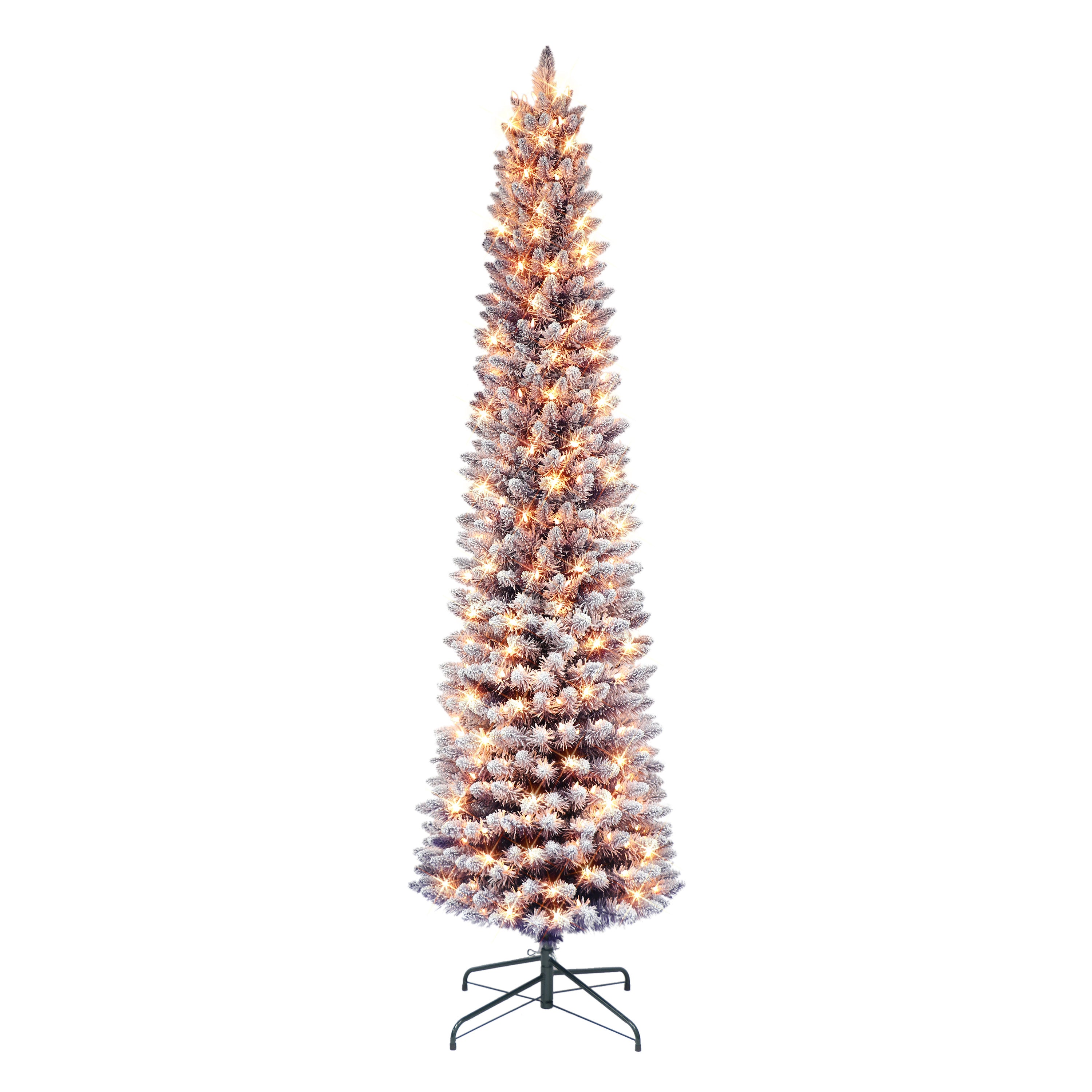 7.5 ft Pre-lit Flocked Fashion Purple Pencil Artificial Christmas Tree with 300 UL Clear Lights Metal Stand TPF9612A-75C3-PP