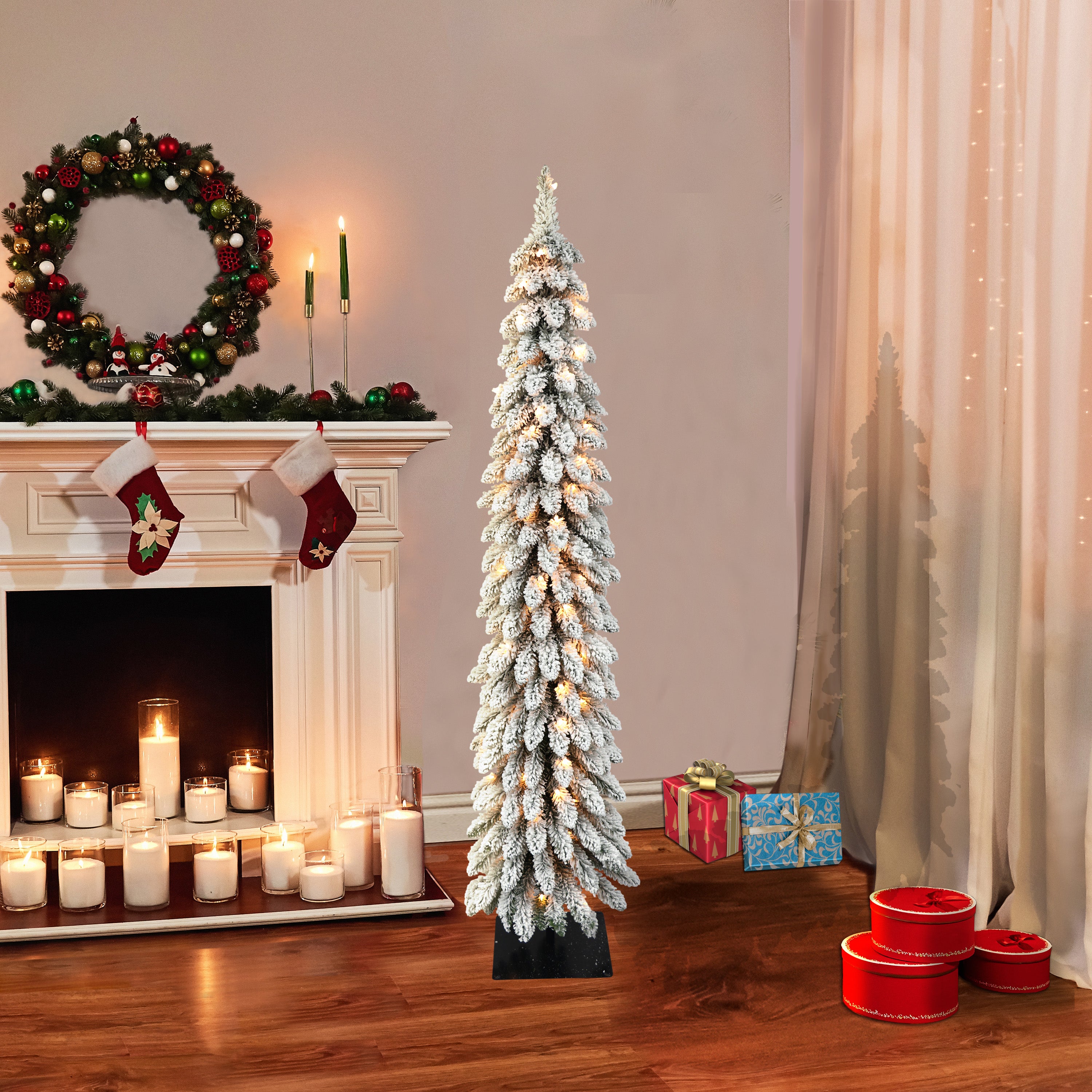 5ft Pre-Lit Flocked Pencil Alpine Christmas Tree