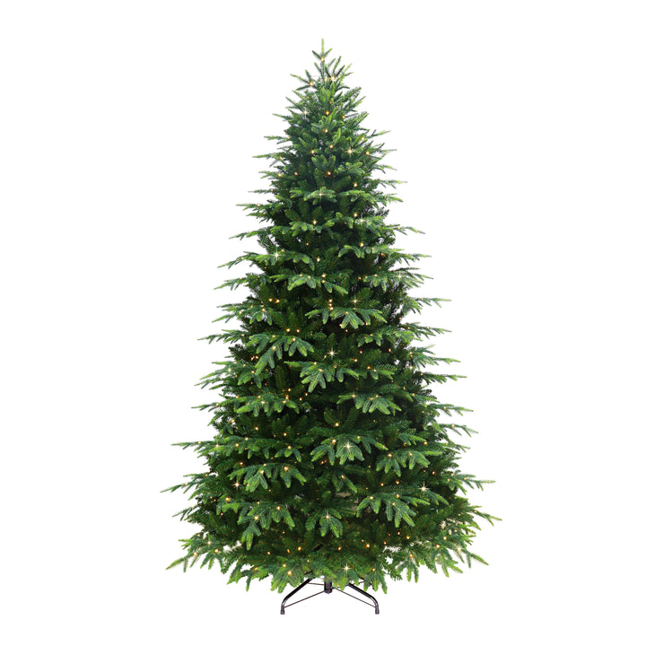 7.5 ft Pre-Lit Rutland Spruce Artificial Christmas Tree with 700 UL Dual Color LED Rice Lights Metal Stand Green RTA-75RLD7