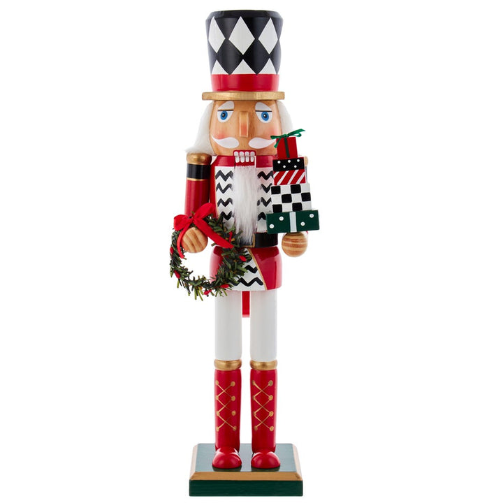 Kurt Adler 15-Inch Red, White and Black Nutcracker with Gift Box and Wreath