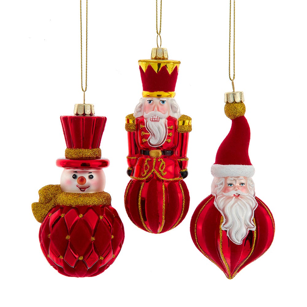 4.75" Glass Red and Gold Santa/Snowman/Nutcracker Ornament, 3 Assorted C6434