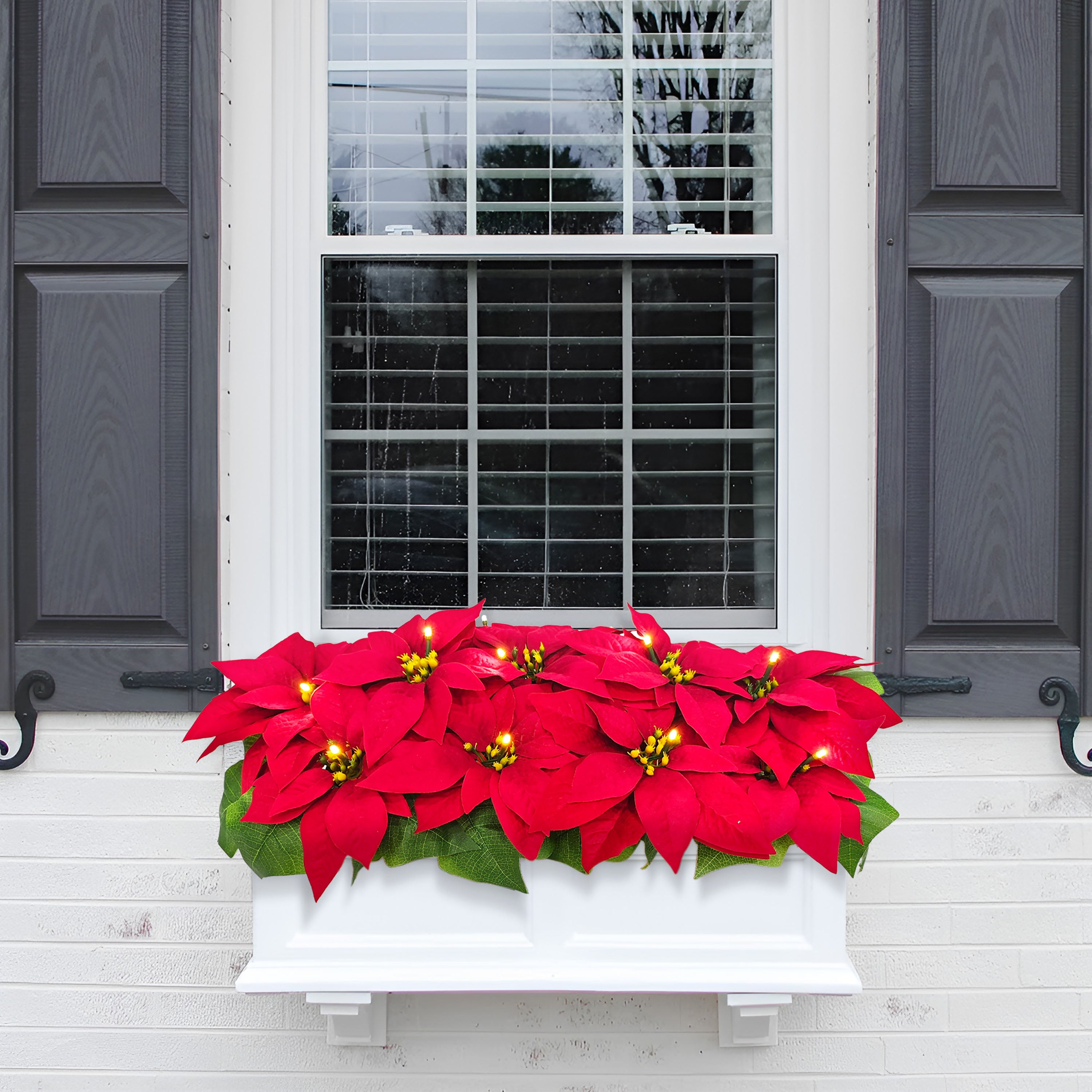24" Pre-Lit Battery-Operated Red Poinsettia Window Box Décor