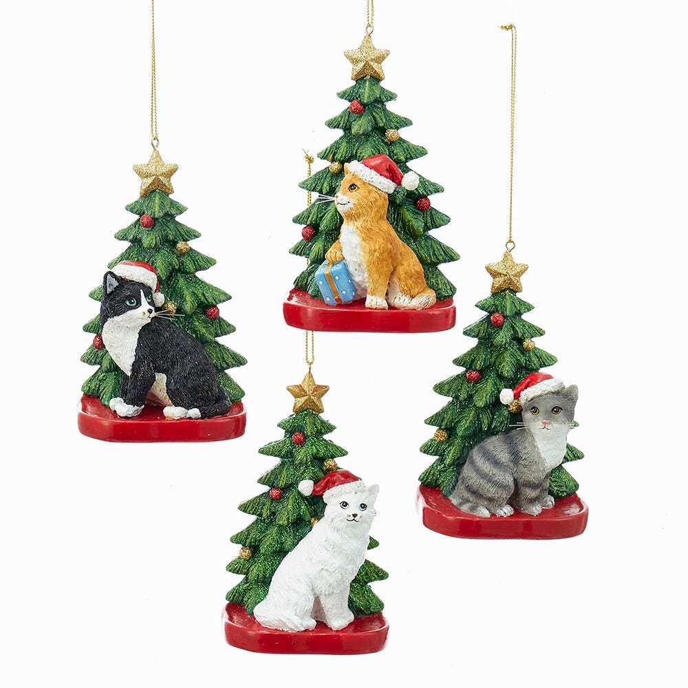 4.25" Cat with Christmas Tree Ornament, 4 Assorted C7609