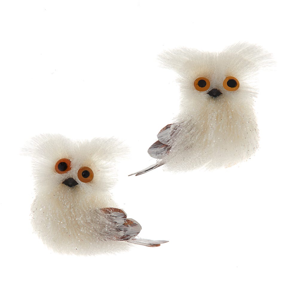 3.5" White Tinsel Owl Ornament, 2 Assorted C7897