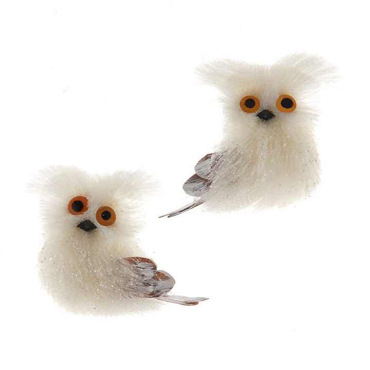 3.5" White Tinsel Owl Ornament, 2 Assorted C7897