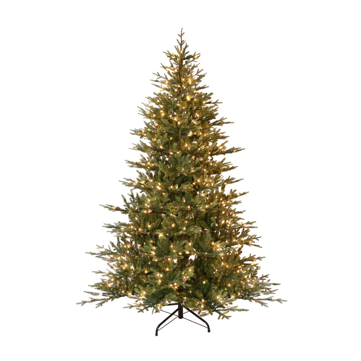 7.5 ft Pre-Lit Balsam Fir Artificial Christmas Tree with 800 UL Clear Lights On/Off Foot Pedal Metal Stand Green BFTA-75C8