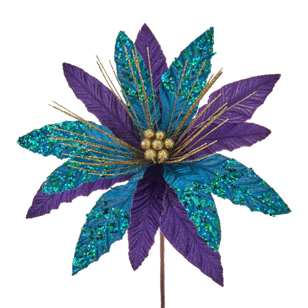14" Velvet Purple/Teal/Gold Poinsettia Pick C9587