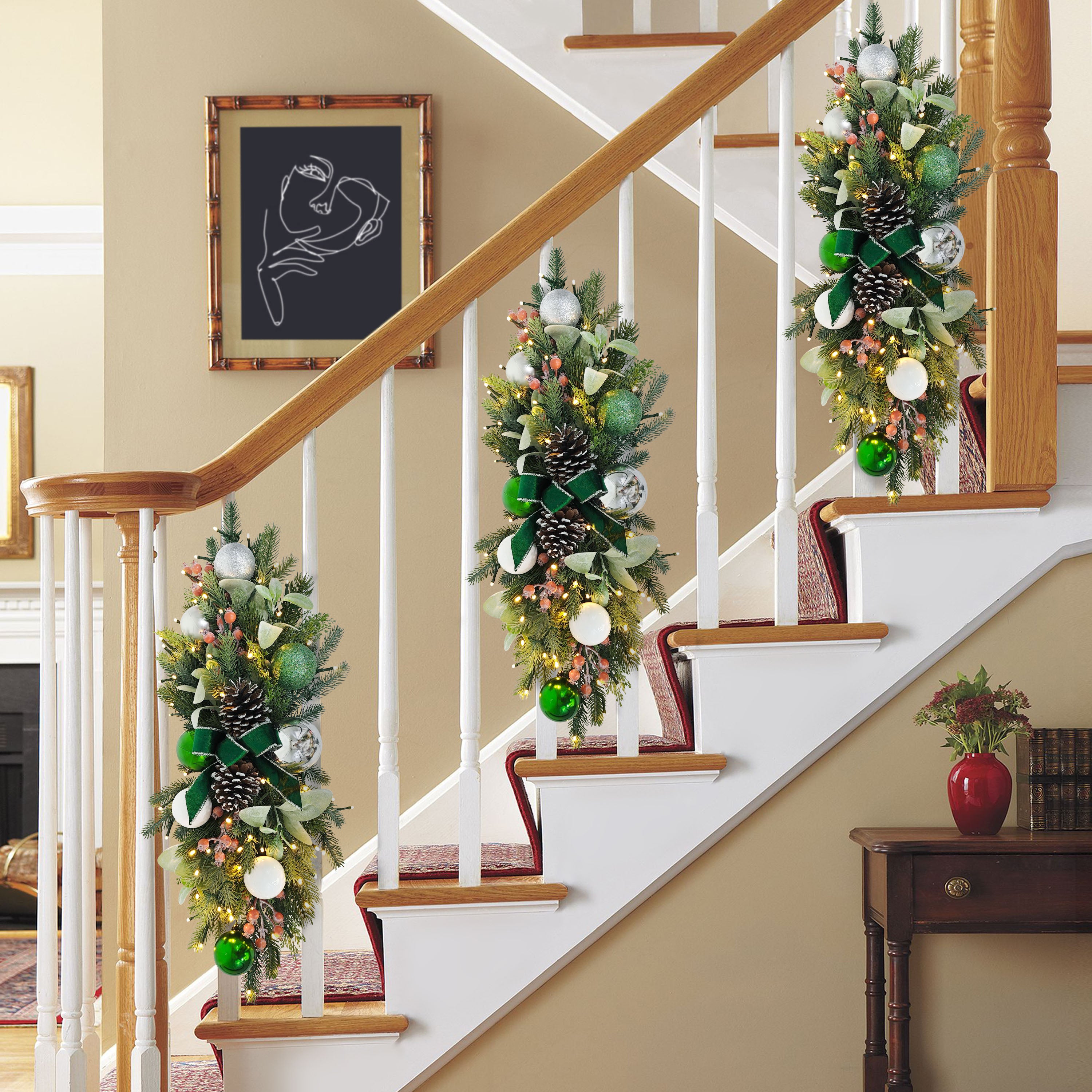 28" Pre-Lit Battery-Operated Adorned Banister Swag