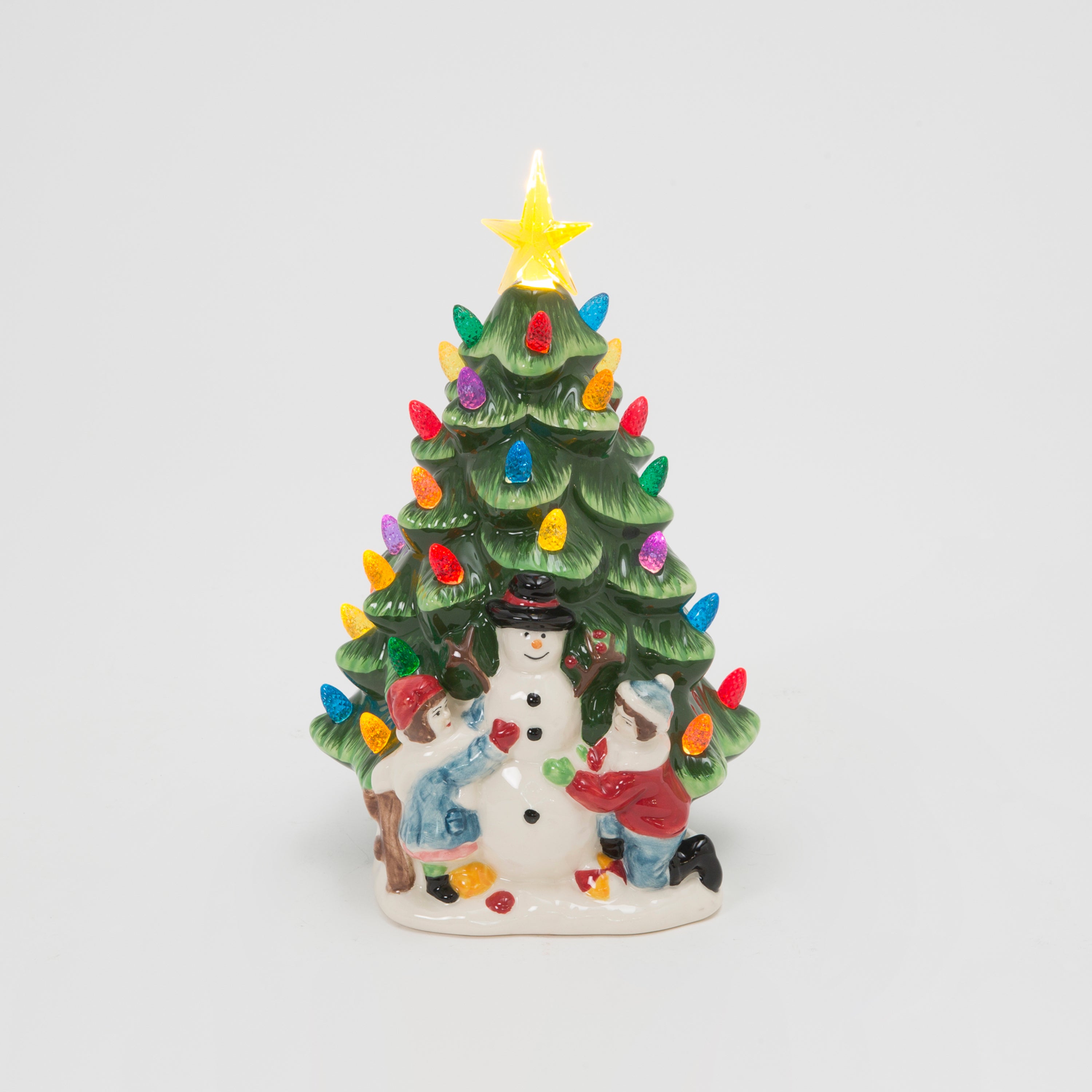 Illuminated 10 in H Battery Operated Lighted Ceramic Christmas Tree with Snowman 2696040EC