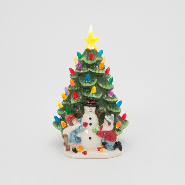 Illuminated 10 in H Battery Operated Lighted Ceramic Christmas Tree with Snowman 2696040EC