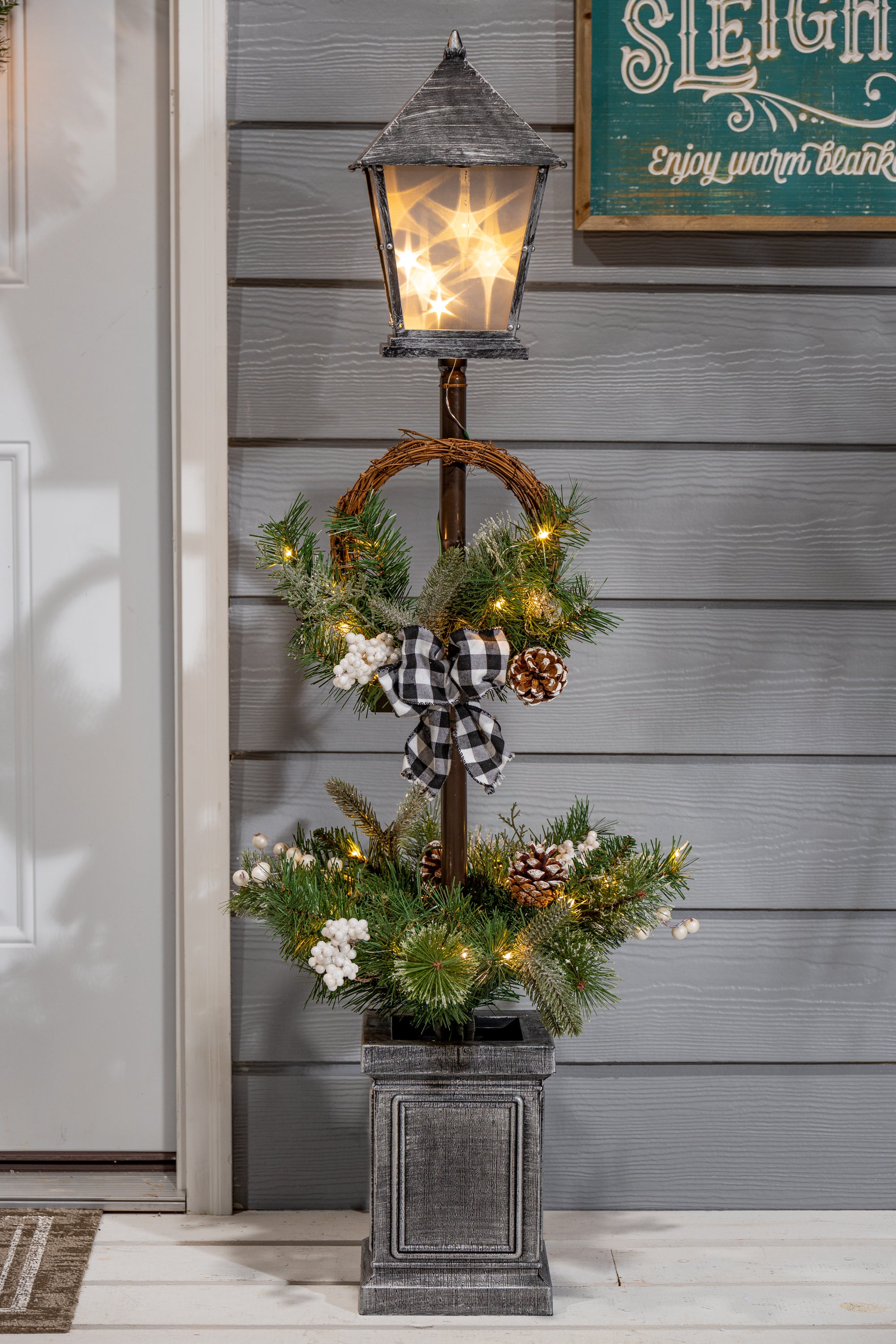 Hand detailed 4'H Battery Operated Lighted Mixed Pine Lantern Pole Porch Tree with 40 – Holiday Accent Lantern