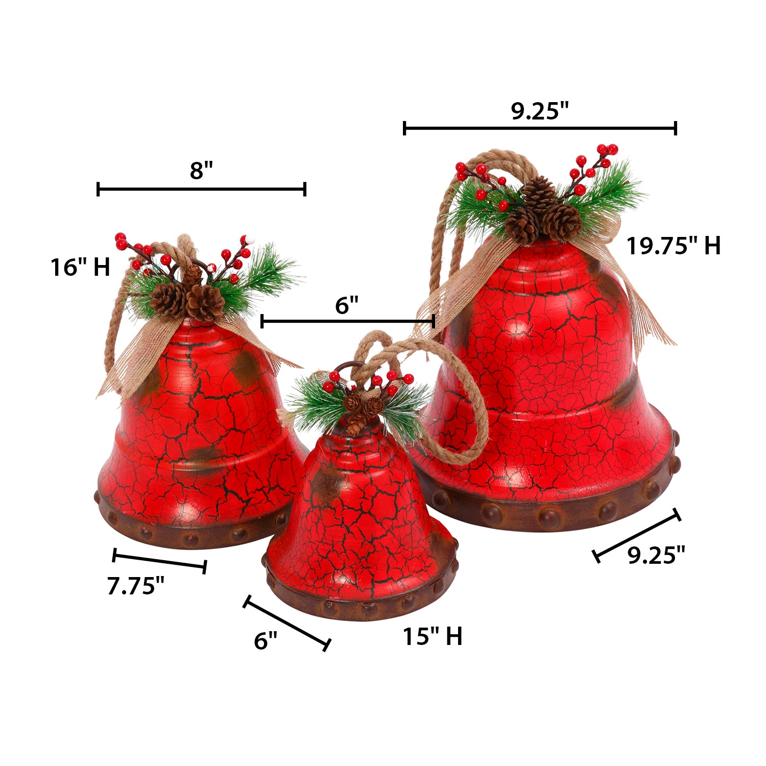 Hanging Red Metal Holiday Bells with Rope, Set of 3