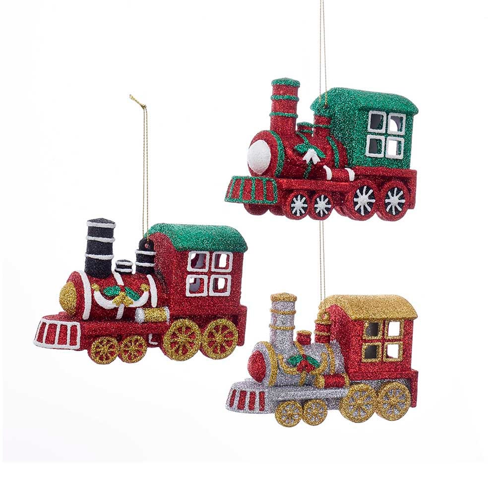 4.7" Blow Mold Glitter Train Ornament, 3 Assorted D3261