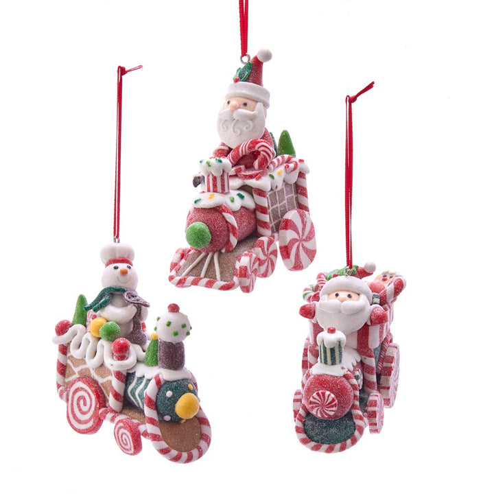 3.5" Santa & Snowman on Gingerbread Candy Train Ornament, 3 Assorted #D3629