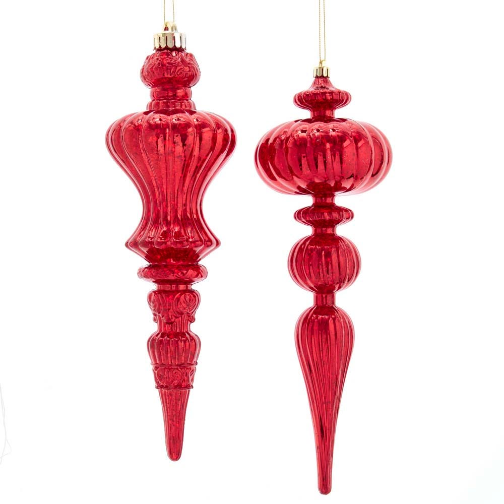 12" Red Distressed Finish Finial Ornament, 2 Assorted D3810