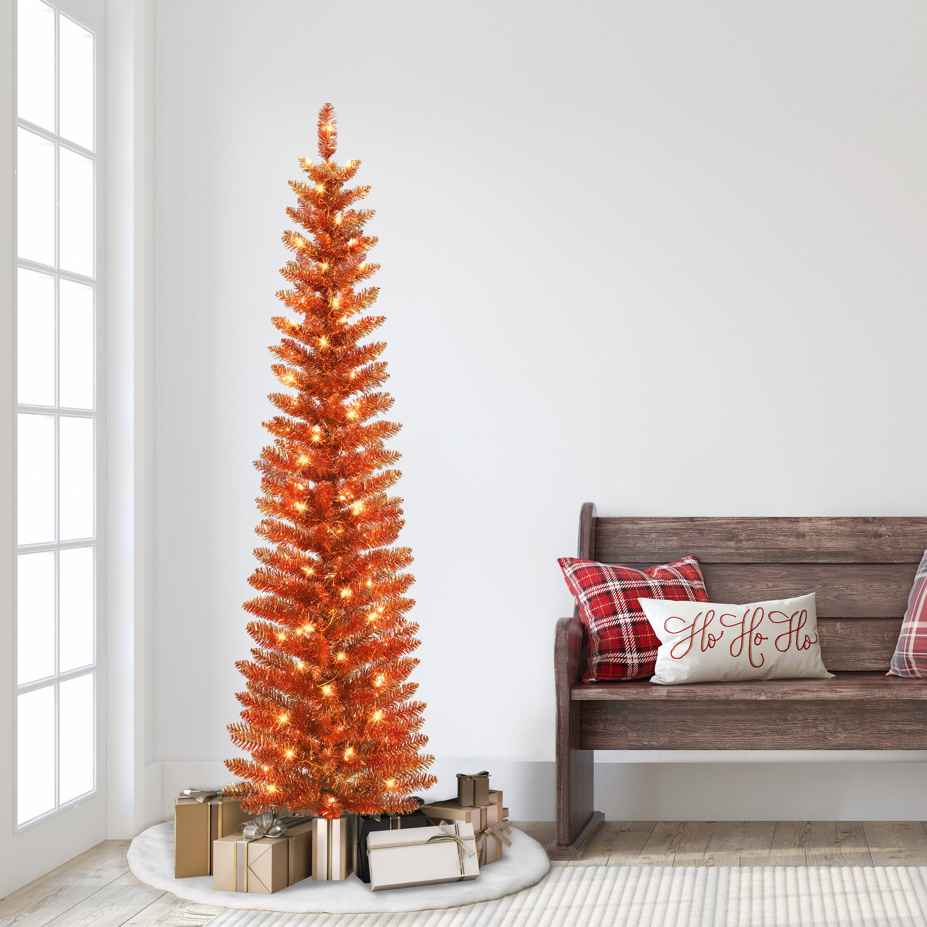 6ft Pre-Lit Orange Tinsel Tree