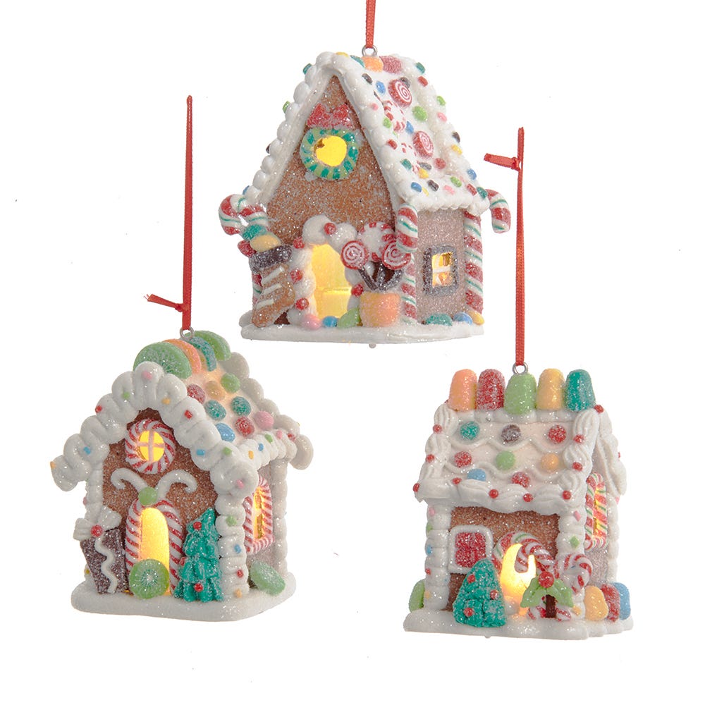 3.74" Gingerbread LED Candy House B/O Ornament, 3 Assorted D4043