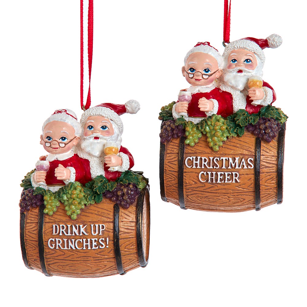 4" Mr & Mrs Santa Barrel Ornament, 2 Assorted #D4224