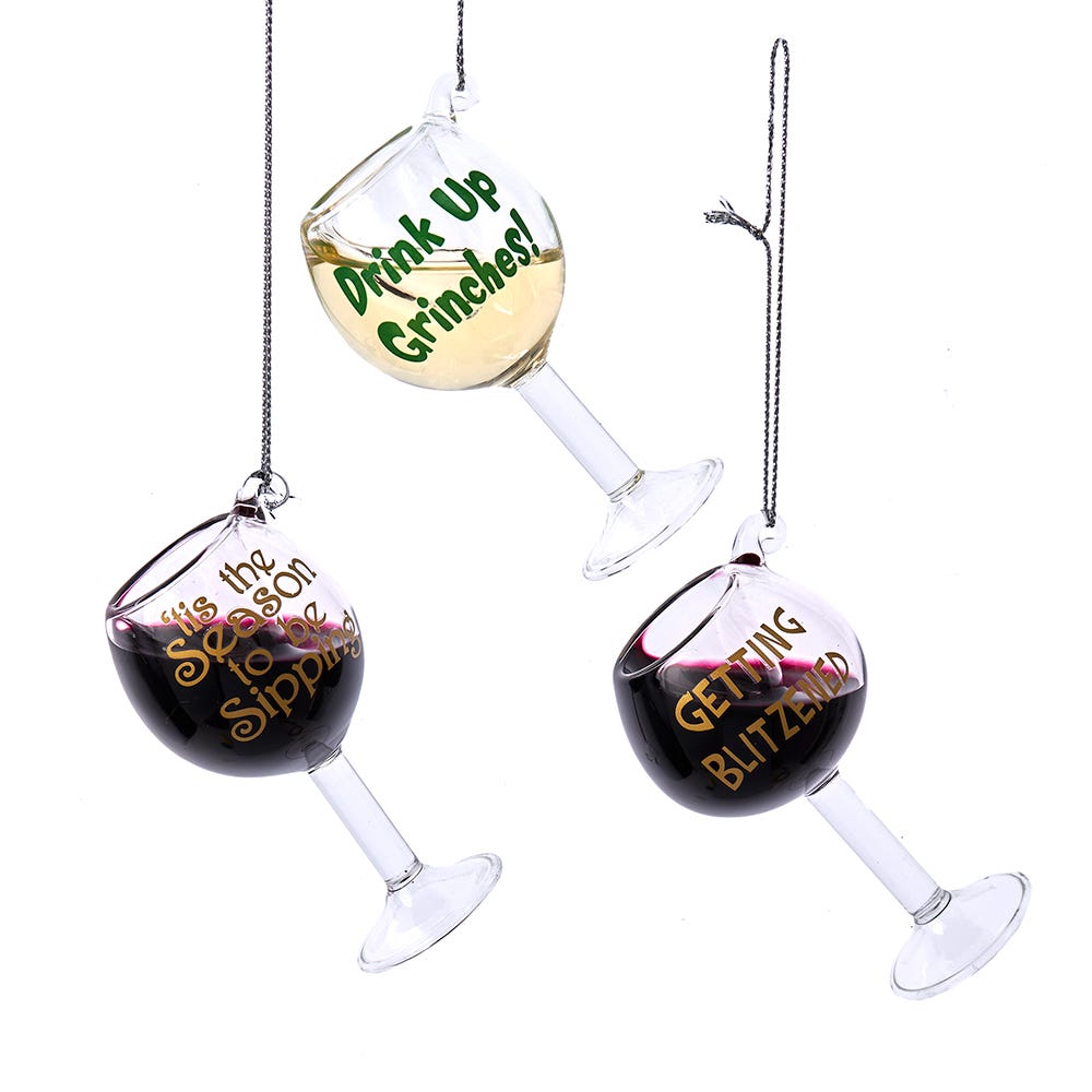 2.5-2.75" Wine Glass Ornament with Saying, 3 Assorted #D4227