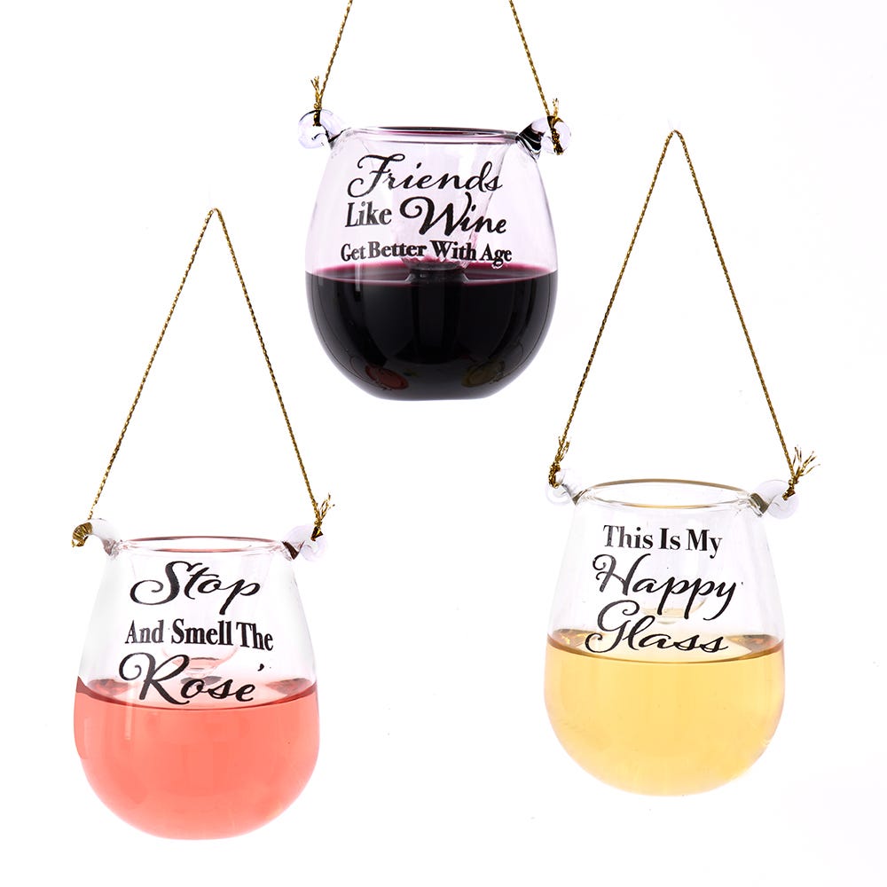 2.4" Glass Stemless Wine Glass Ornament, 3 Assorted #D4240