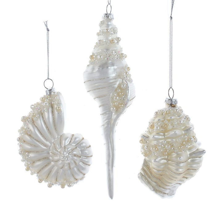 6.5-8.25" Glass White Shell and Pearl Ornament, 3 Assorted #D4373