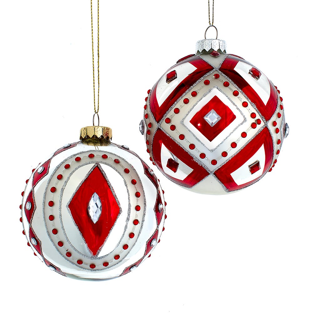 100mm Red/Silver Ball Ornament with Stones, 2 Assorted #D4502