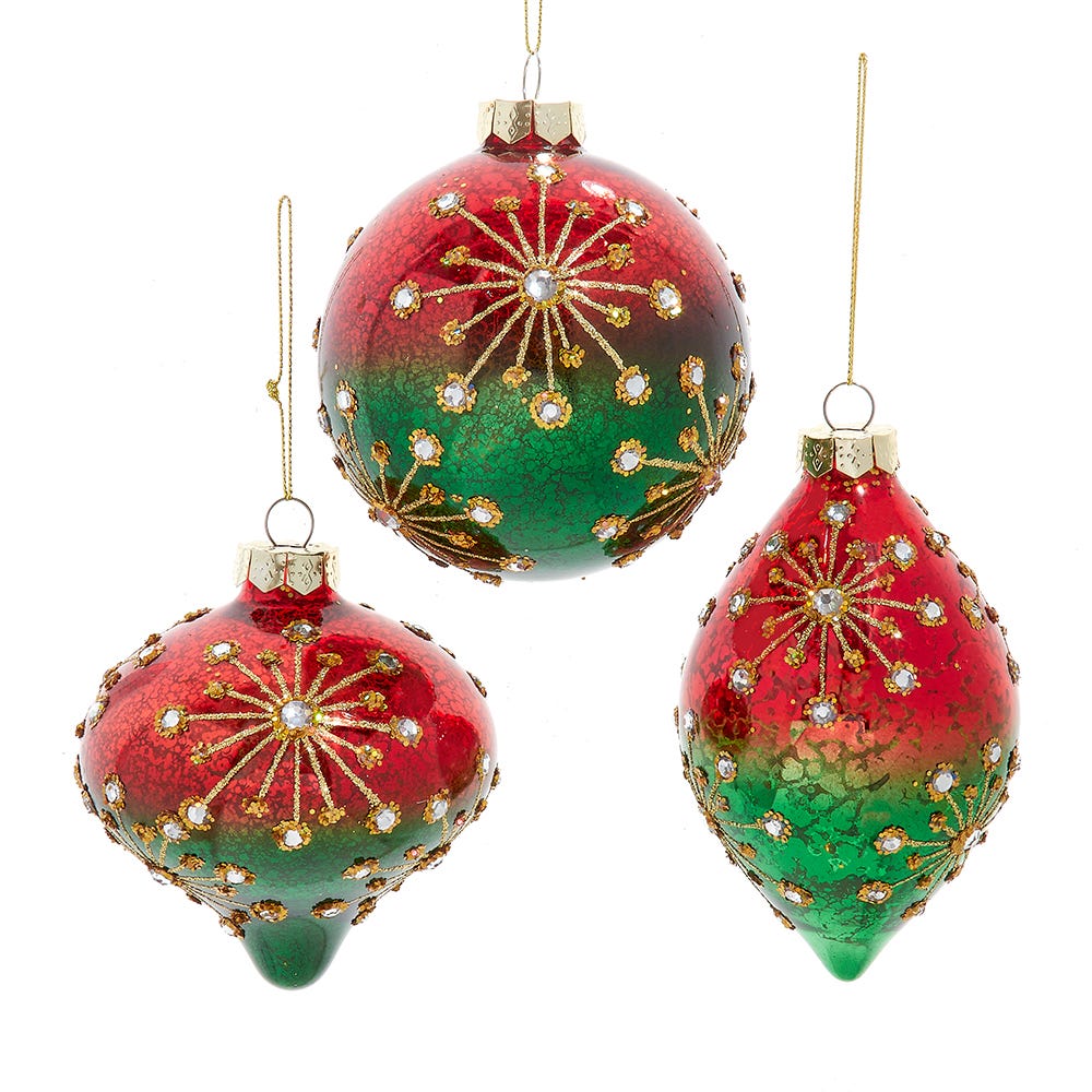 100mm Glass Red & Green Ball/Onion/Drop Ornament, 3 Assorted #D4540