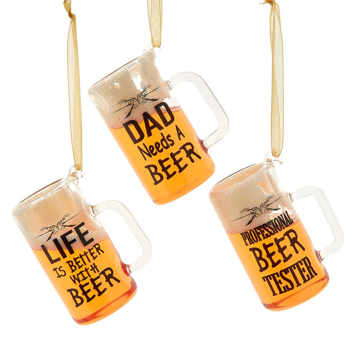 2.75" Glass Beer with Words Ornament, 3 Assorted #D4555